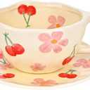 Koythin Ceramic Coffee Mug with Saucer, Cute Flower Cup for Office and Home, 8.5 oz/250 ml for Latte Tea Milk, Fruit Mugs Suitable for Mom on Mother's Day (Pink Cherry)