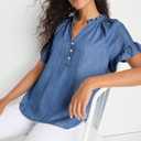 Womens Short Sleeve Ruffle Blouse V Neckline Ruffled Collar Shirt Casual Blue Top (Blue, L)