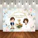 Nuestra Primera Comunin Backdrop 7x5ft Baptism God Bless First Holy Communion Background Party Decorations Blue Pink Floral Christening Banner Photo Booth Props