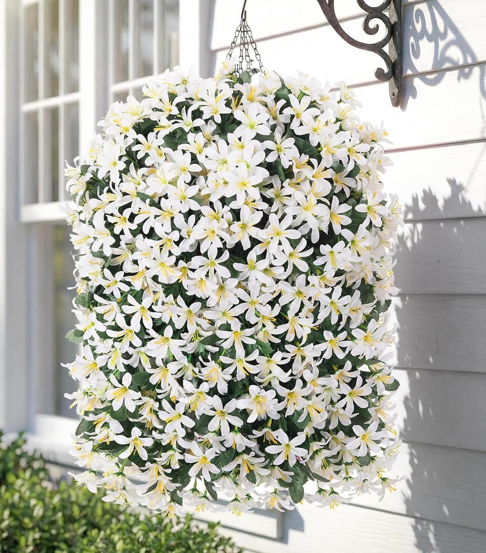 Hoppwodd Artificial Flower for Outdoors 4pcs Fake Lily Hanging Flower Baskets for Outside UV Resistant Silk Faux Long Trailing Vines for Garden Porch Patio, White