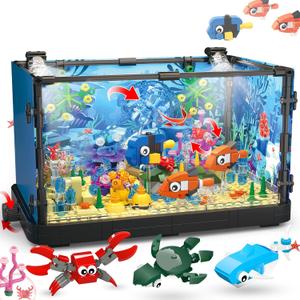 Jorumo Fish Tank Building Block, Lighting Aquarium Building Sets for Adults and Kids Including Ocean Jellyfish, Dolphin, Turtle, Crab, Animal Building Toys for Boys Age 12+, 725pcs