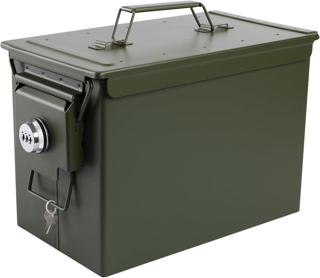 Ammo Can&Ammo Box, Fireproof & Waterproof Metal Storage Box - Perfect for Ammo, Lithium Batteries & RC Car Batteries (Green-13.6*7.3*8.6")