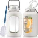 Large Glass Water Bottles with Stainless Steel Handle,100 oz Gallon Drinking Bottle with 2-in-1 Straw Lid,3 Liter Glass Water Jug with Silicone Sleeve,Wide Mouth,White