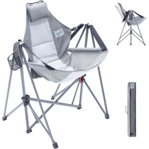 Camphor Designs Portable Swing Hammock Chair | Foldable Recliner Rocking Lounger with Headrest & Drink Holder | Outdoor Sports, Beach, Lawn, Hunting, Tailgating, Fishing | Supports 300Lbs (Grey), Oversized