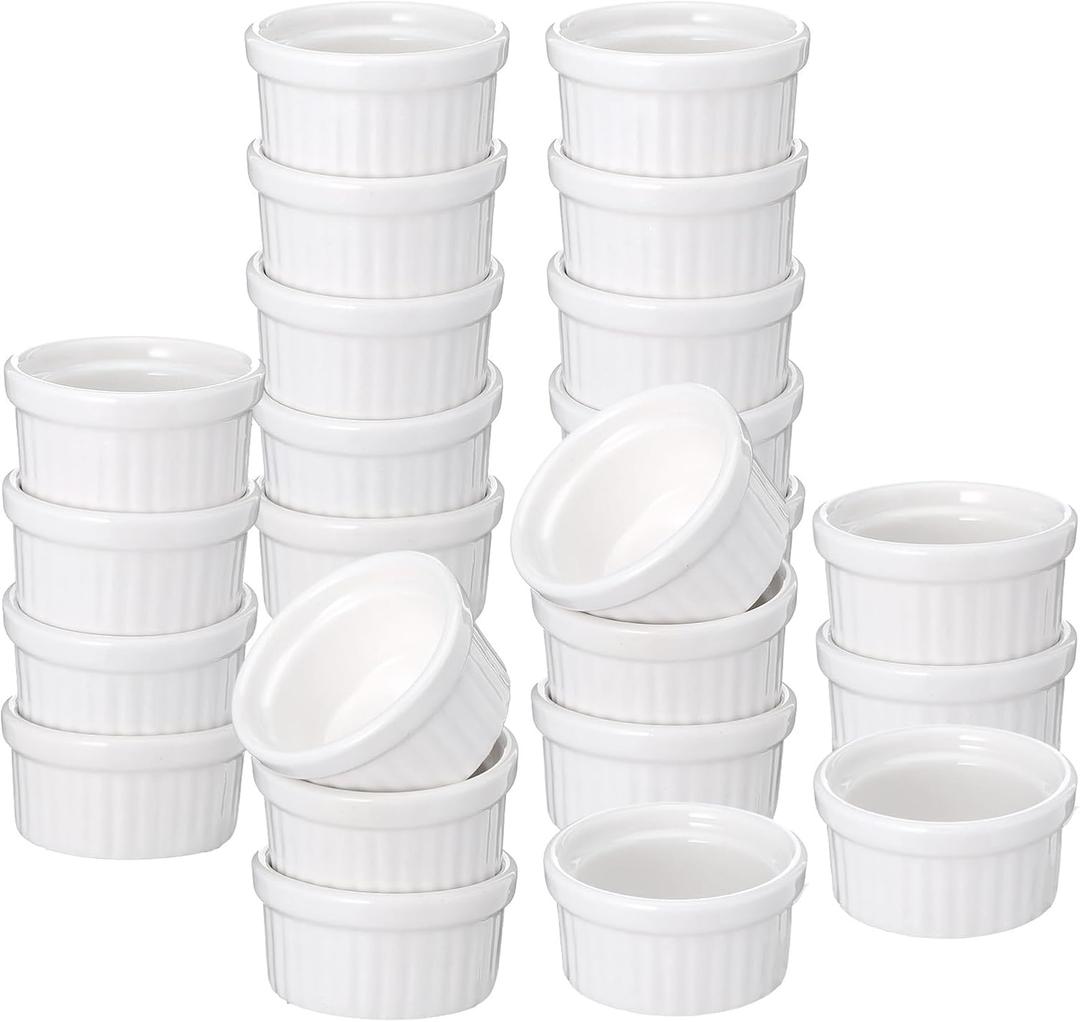 24 Pcs 1 oz Mini Ramekins, White Ceramic Souffle Dishes & Custard Cups, Oven Dishwasher Microwave Safe Small Baking Bowls for Creme Brulee, Pudding, Sauce, Charcuterie