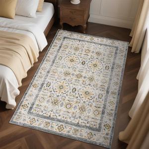 Zentavio Area Rugs 4x6 Washable Non-Slip Kid & Pet Friendly Living Room Carpets Vintage Floral Foldable Thin Low Pile Rug for Bedroom Kitchen Dining Room Beige
