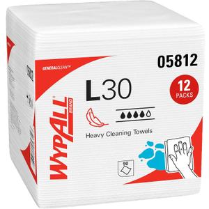 WypAll GeneralClean L30 Cloths Heavy Duty Cleaning Wipes (05812), Quarterfold, Strong and Soft Bulk Paper Wipers, White (12 Packs of 90 Sheets, 1,080 Sheet Total)