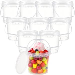 10 Pack 1 Gallon / 128 oz / 3.8 L Clear Plastic Bucket with Handle and Lids Food Storage Containers Freeze Safe Ice Cream Tubs for Deli Kitchen Drinks Home