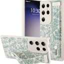 OOK Compatible with Samsung Galaxy S23 Ultra Silicone Phone Case with Strap, Cute Floral Flower Pattern for Women Girls, Adjustable Finger Strap Kickstand Slim Protective Cover, White Sage Flower