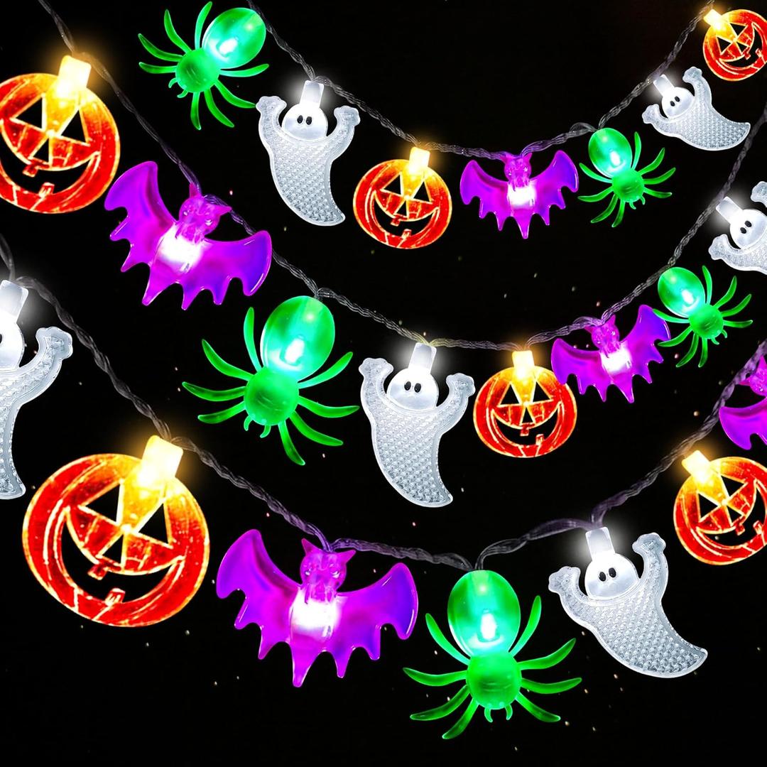 Halloween Lights, 20FT 40 LED Pumpkin Ghost Bat Spider String Lights Battery Operated with Timer, 8 Lighting Mode for Home Window Indoor Outdoor Halloween Party Decorations