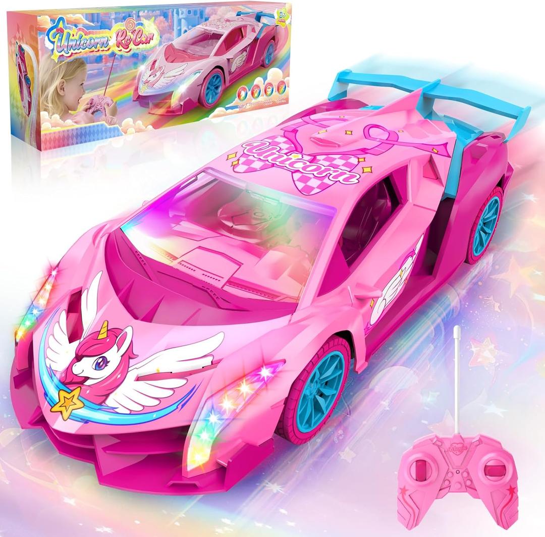 Unicorn RC Car for Girls, Rainbow Glow & Drift Wing Remote Control Car,2.4GHz RC Cars 1:18 Scale,Kids Toys Age 3 4 5 6 7 8 9 10 11 12,Girls Birthday Gifts,Valentines Day Gifts for Kids 3-12 Year Old