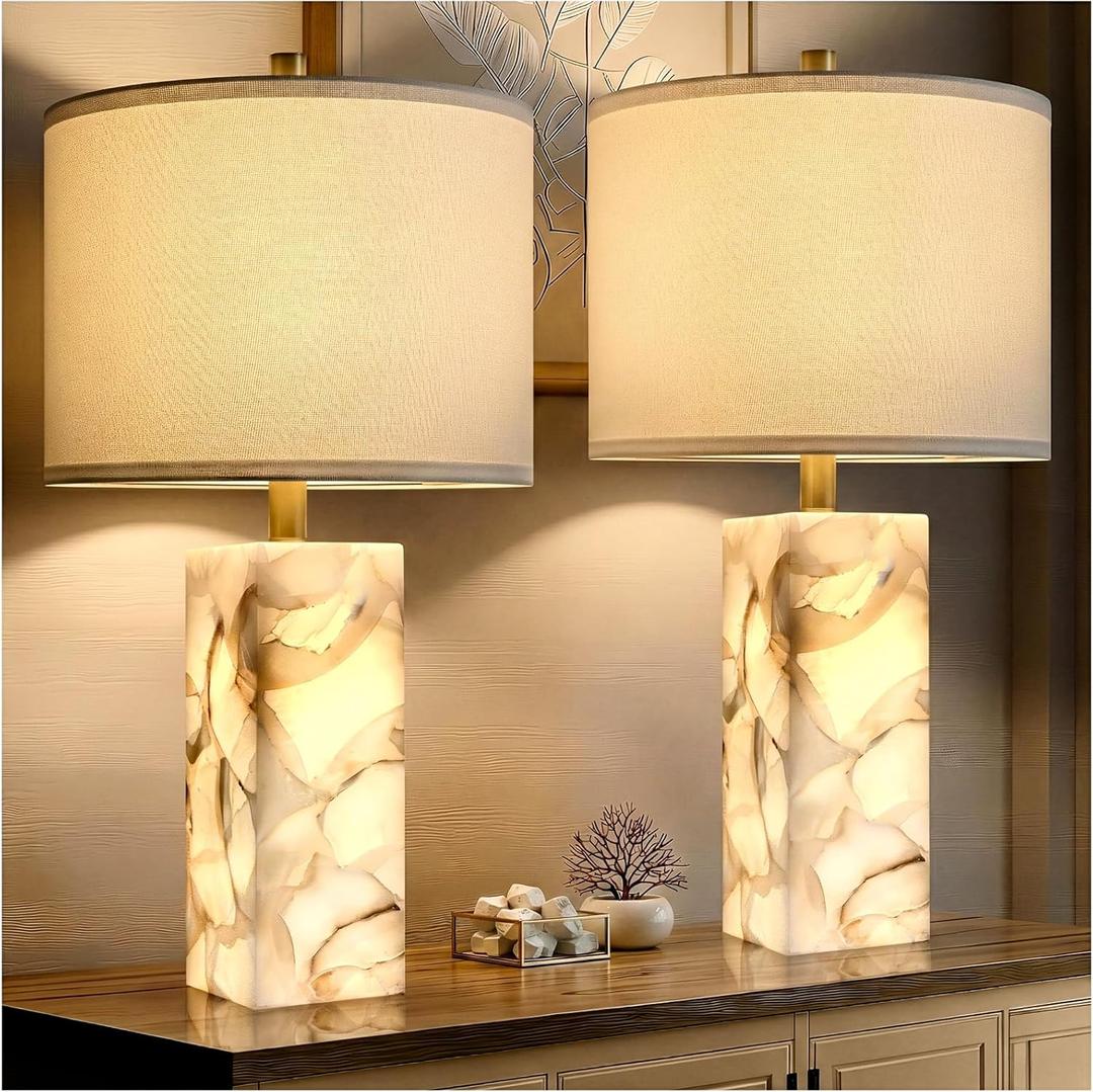 Scenekoy Alabaster Table Lamp Set of 2 with Night Light for Bedroom Living Room, 23" Rotary Switch Bedside Lamp with Linen Shade, Modern Nightstand Lamps for Room Office Dorm (White)