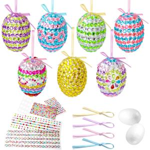 fethwoin 16PCS Easter Tree Ornaments, Foam Easter Eggs Hanging Decorations Craft Kit, DIY Glitter Gem Eggs with Ribbons for Basket Stuffers Fillers & Home Decor Party Favors