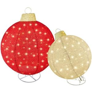 HOYECHI 2pc Lighted Pop-Up Outdoor Christmas Ornament Set – Holiday Ball Decorations with 200 LED Lights, 8 Lighting Modes, for Yard & Outdoor Christmas Decor - Red/Gold
