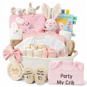 28-Piece Baby Shower Gifts for Girls, Baby Essentials for Newborn, Large Baby Girl Gift Basket, Gender Reveal Gifts, Baby Registry Search, Diaper Caddy Organizer (Pink)