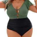 Blooming Jelly Women's Plus Size One Piece Swimsuit Tummy Control Bathing Suit Cute V Neck Maternity Swimwear (Large, Black and Army Green)