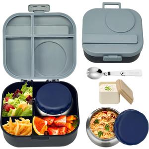 Aimsnk Bento Lunch Box for Kids with 12oz Soup Thermo,4 Compartments Lunch Box Containers Kids, Includes Foldable Spoon &Sauce Jar, BPA Free&Leak proof,Insulated Food Jar for Travel,School (Black)