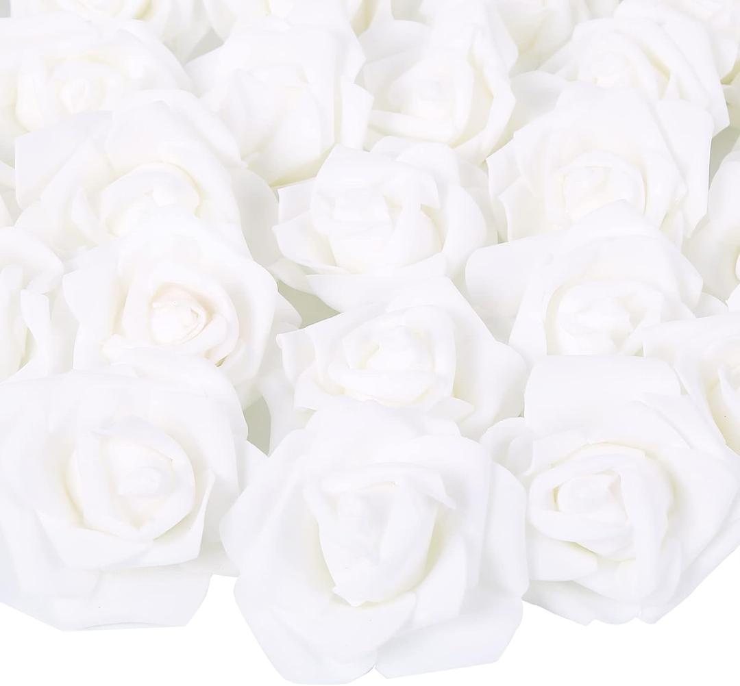 Artificial Rose Flower Heads, 100pcs White Foam Roses Artificial Flower Heads Fake Rose for DIY Wedding Bouquets Centerpieces Arrangements Party Baby Shower Home Decor (Stemless,White)