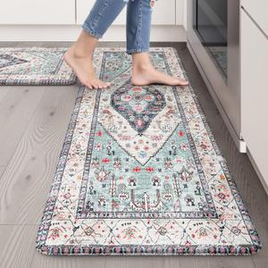 Anti Fatigue Mats for Kitchen Floor Set of 2, Waterproof Non-Skip Kitchen Rugs,Ergonomic Kitchen Floor Mats Cushioned,Comfort Foam Standing Mat for Office,Laundry Room,Sink,Counter, Desk(Blue) (17.3" x 47 "+ 17.3" x 29 ")
