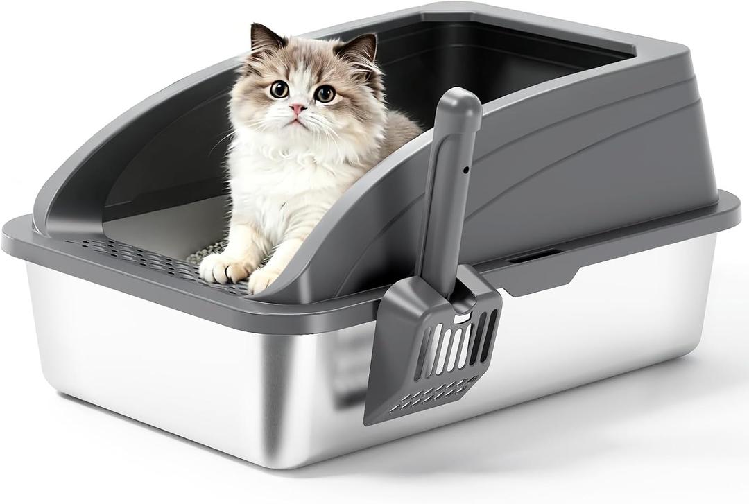 Stainless Steel Cat Litter Box with Lid, Metal Kitty Litter Box with Scoop, Non-Stick Base, Easy to Clean for Cat, Rabbit, Guinea Pigs and Hamsters - Dark Gray