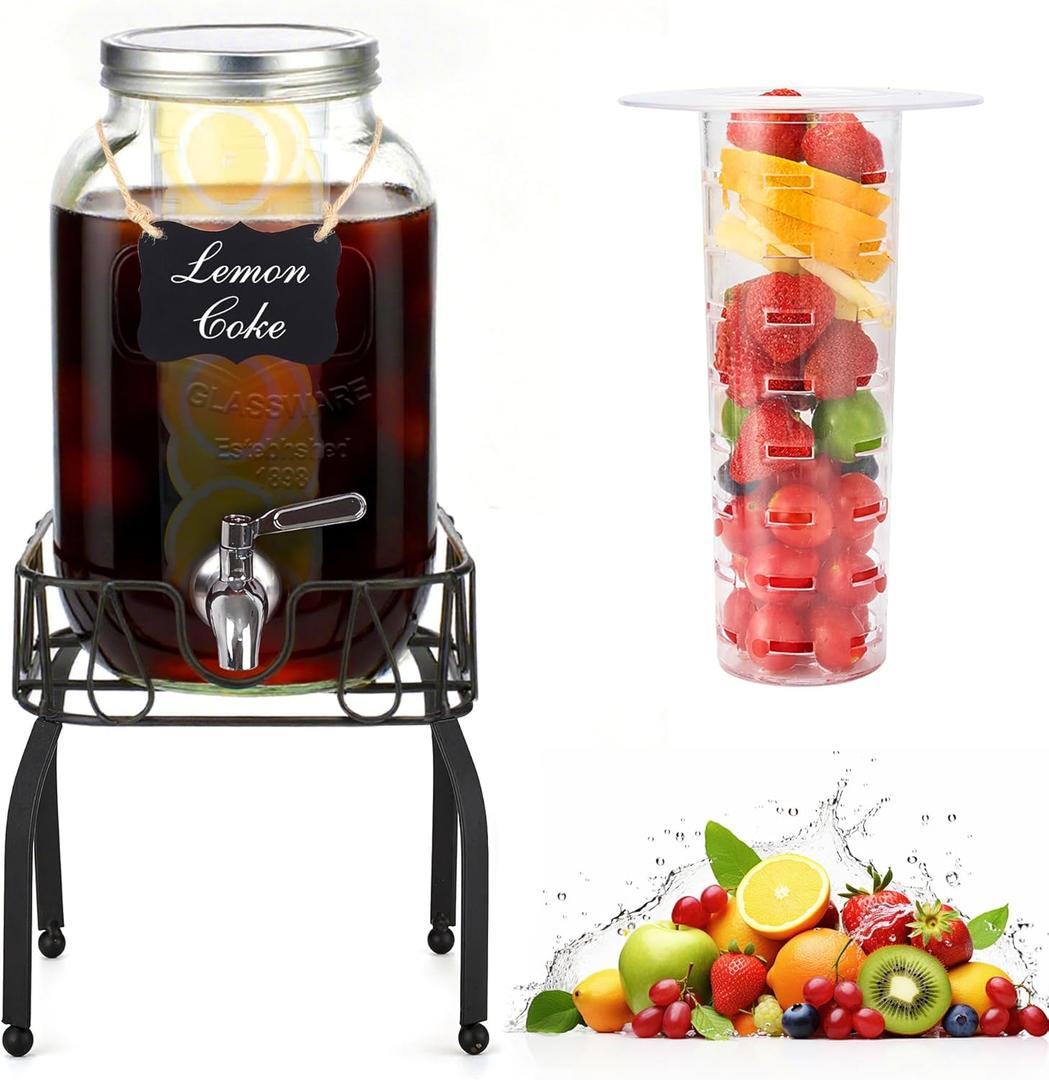 2 Gallon Glass Drink Dispensers for Parties, Beverage Dispenser with Stand, Ice Cylinder and Stainless Steel Spigot 100% Leakproof, Beverage Dispenser for Lemonade Sun Tea