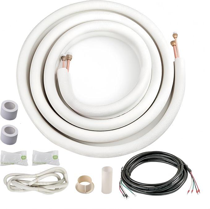 ICOOL 16 Ft. Mini Split Line Set, 1/4" & 1/2" O.D. Twin Copper Pipes, 3/8" Thickened PE Insulated Coil Copper Line for Air Conditioner HVAC Refrigeration and Heating Equipment, with Fittings