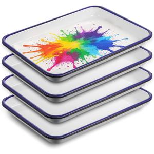 4-Pack White Enamel Butcher Trays, 7.1 x 10.2 Inch Rectangular Metal Serving Palettes for Painting, Food Storage, and Home Organization, Vintage Art Supply Holder