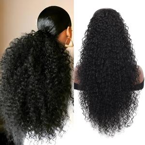 27 inch Drawstring Ponytail Extension for Women Deep Curly Ponytail Extension with Human Hair Afro Kinky Curly Long Protective Style Wave Ponytail (Black)