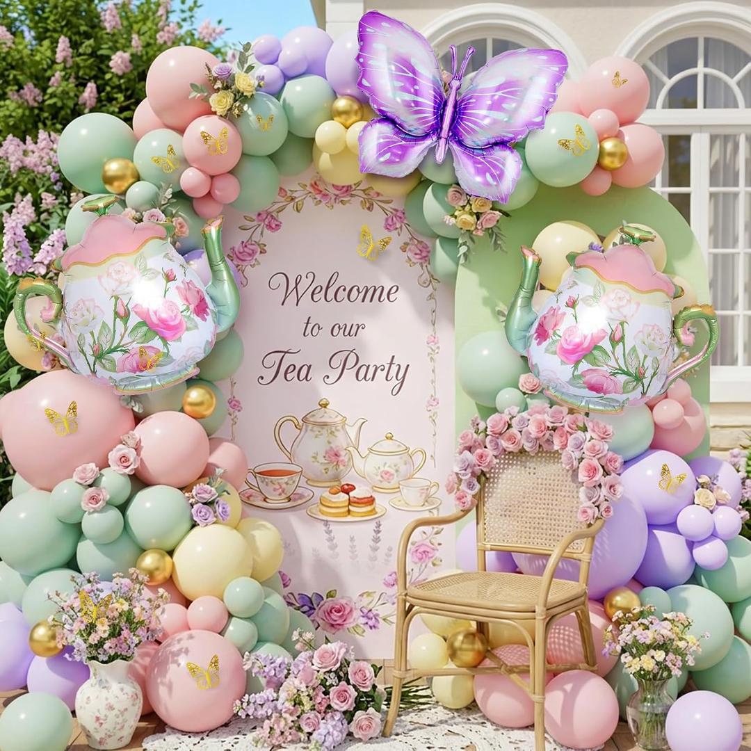 Tea Party Decorations, 154Pcs Tea Party Balloon Arch Garland Kit with Pastel Pink Yellow Green Balloons Teapot Butterfly Foil Balloon for Girls Birthday Let's Par Tea Spring Garden Party Decorations