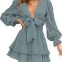 Dokotoo Womens Casual Spring Fall 2025 Deep V Neck Knotted Tiered Chiffon Elegant Mini Short Swing Skater Dresses