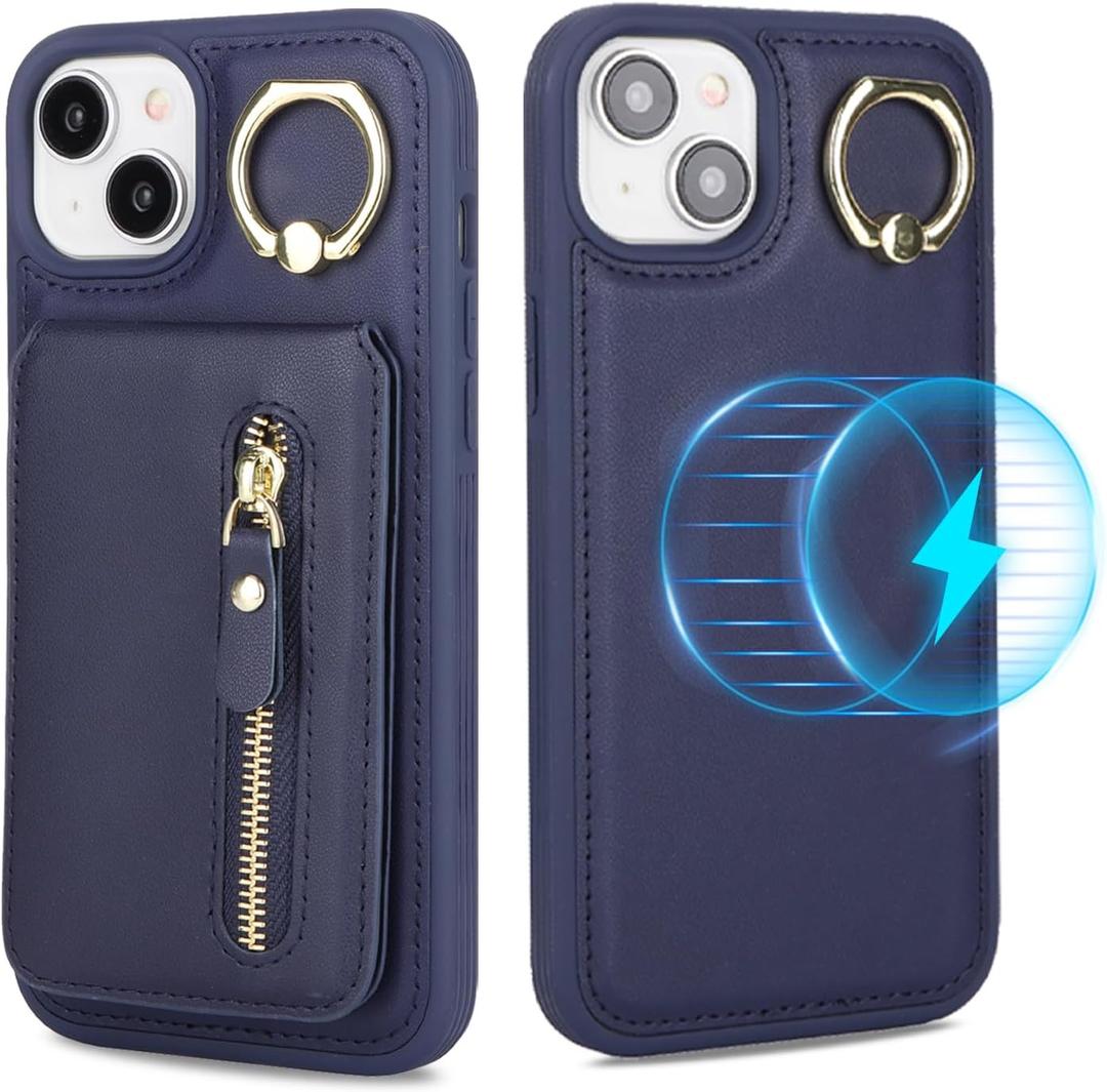 Detachable Magnetic Case for iPhone 14 Plus, 2-in-1 System with Zipper Card Wallet & Built-in Phone Grip - Magsafe Compatible PU Leather Cover - Blue