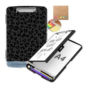 Clipboard with Storage,Heavy Duty Plastic Storage Clipboard with Low Profile Clip, Teacher Must Haves, Office Supplies,Black Leopard Print