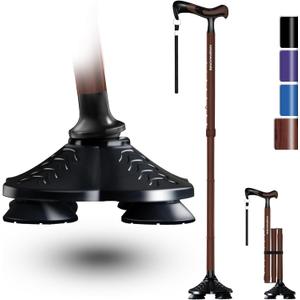 KingPavonini Walking Cane for Men Women Stability, Free Standing Foldable Cane, Ergonomic Handle Pivoting Quad Base, Heavy Duty 350 LBs, Adjustable Walking Canes for Seniors Balance with Travel Bag (Walnut)