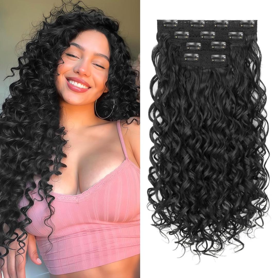 Curly Clip In Hair Extensions, 4PCS 20 Inch Natural Black Extensions Clip Ins, Lace Weft Short Curly Invisible Natural Hairpieces for Women