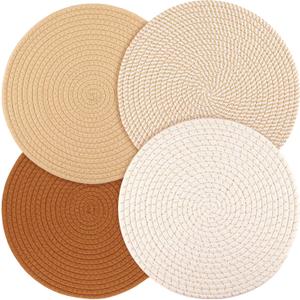 Billbotk Round Woven Placemats Set of 4, 13 Inches Kitchen Table Place Mats for Dining Table, Trivets for Hot Pots and Pans, Boho Table Setting Decor, Fall Decorations for Home (Mixed Brown)