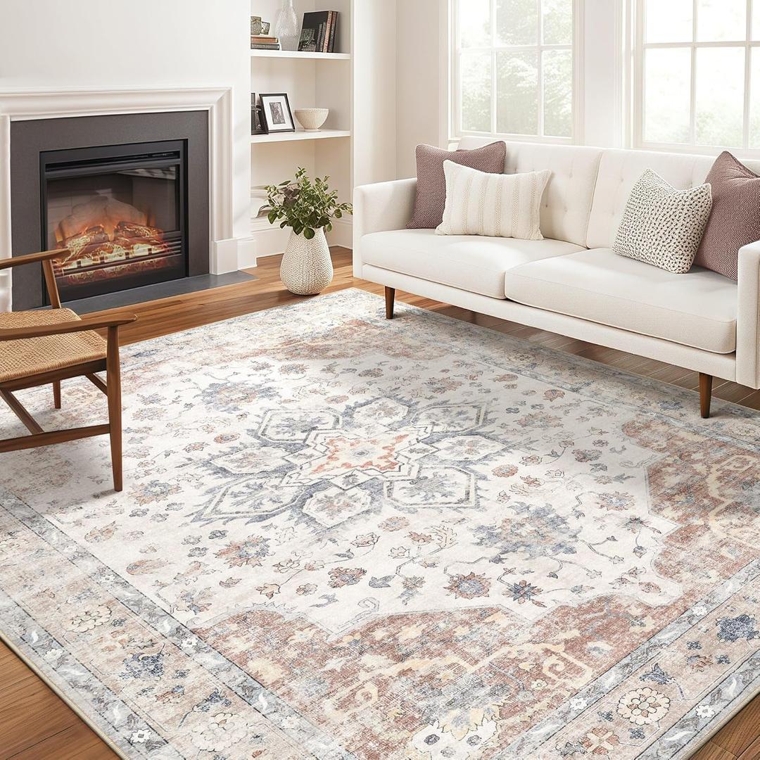 Area Rug for Living Room - 9X12 Soft Washable Vintage Floral Distressed Large Carpet - Fade Stain Resistant Non Slip Rugs for Bedroom Dining Room Nursery Dorm Office Home Decor - Multi Color