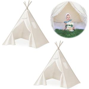 2 PCS Teepee Tent for Kids,Washable Tapered Kids Teepee Tent,Bohemian Teepee Tents,White Collapsible Sleepover Tents,for Boys and Girls Sleepover Pajamas Party Birthday SPA