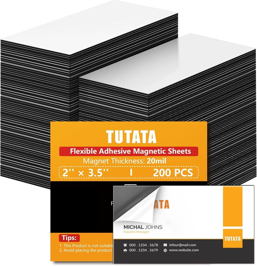 tutata Business Card Magnets, 2" x 3.5", 200 Pack, Strong Flexible Magnetic Tape, Self Adhesive Backings, for Fridge, Photos, Cards, Small Business Supplies