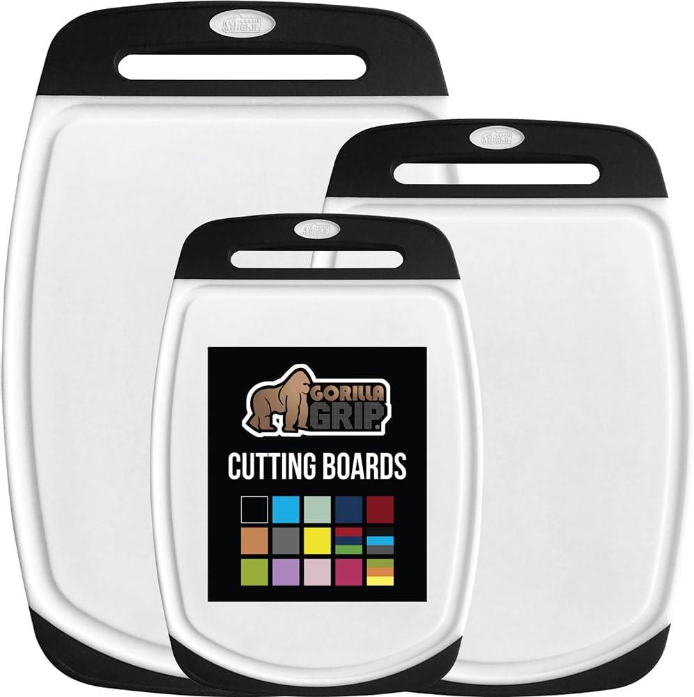 GORILLA GRIP BPA-Free Reversible Kitchen Cutting Board Set of 3, US Designed, Nonporous, Juice Grooves Catch Liquid, Slip Resistant Border, Dishwasher Safe, Durable Large Food Chopping Boards, Black & White