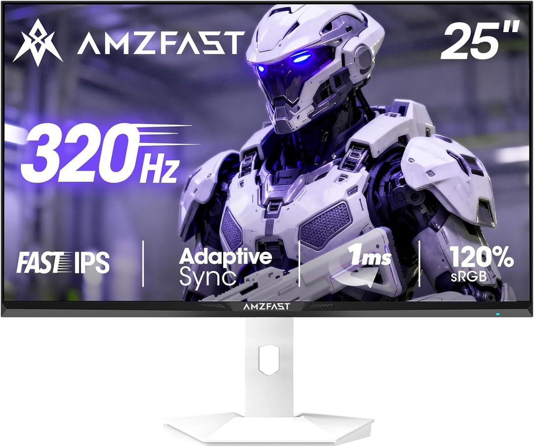 Amzfast 25 Inch White Gaming Monitor 320Hz/300Hz/240Hz, FHD 1080P 1ms Fast IPS Monitor, TV Rheinland Eye Care | AI Crosshair, Night Vision Function