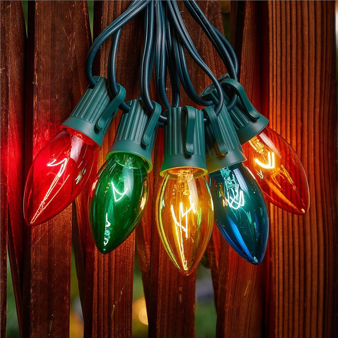 Minetom C9 Multicolor Christmas String Lights, 25FT 25 Blubs Bright & Warm Outdoor Christmas Lights, Long Life C9 String Lights for Tree Patio Gazebo Wreath, Multicolor Green Wire