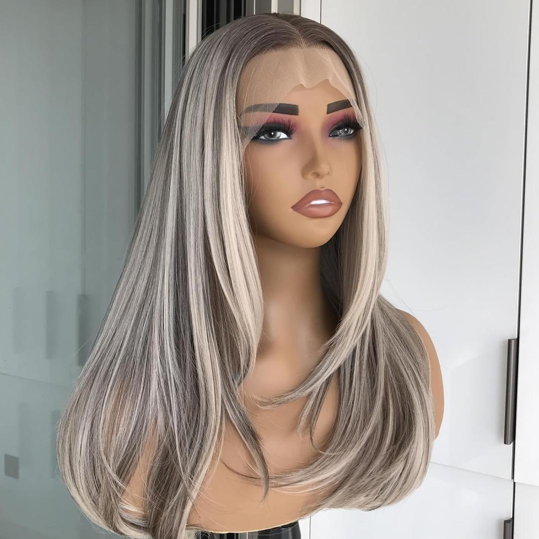 Layered Straight Synthetic Lace Front Wig for Women Ash Blonde Highlights 13x4 Lace Front Glueless Wig Butterfly Cut Natural Looking Wig Daily Part Use 20 Inch