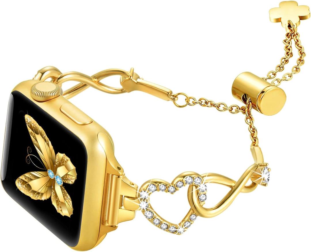 fastgo Gold Compatible with Apple Watch Band Women Bling 38mm 40mm 41mm 44mm 49mm 45mm 42mm, Infinity Heart Charm Slim Diamond Metal Bracelet Rhinestone Strap for Iwatch SE & Series 9 8 7 6 5 4 3 2 1