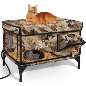 Indestructible Heated Cat House for Outside Winter, 100% Waterproof, Safe Escape Door, Insulated Outdoor Cat Shelter with Heater for Feral Barn Cat Kitty (Desert Camouflage, 26"x16"x18")