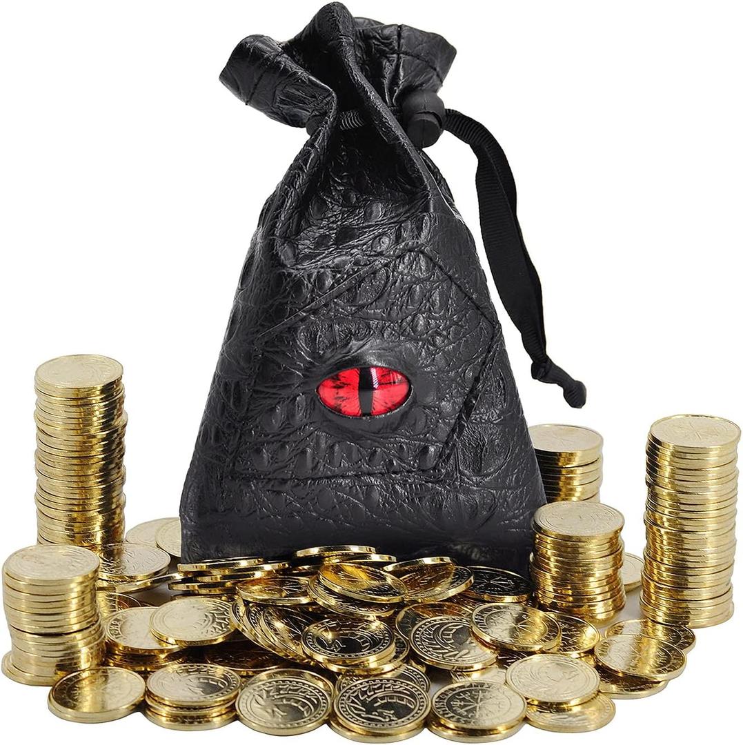 DND Fantasy Coins 50 Antique Gold Metal Treasure Tokens with Leather Pouch - Gaming Loot, Accessories & Props for Dungeons and Dragons, Tabletop RPG, Board or Card Game, LARP and Cosplay
