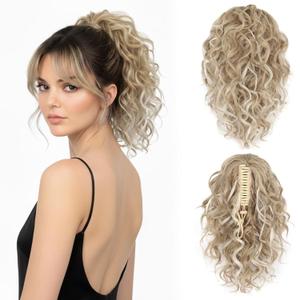 Clip on Ponytails for Women - 12 Inch Curly Ponytail Extension, Curly Pony Tails Hair Extensions, Synthetic Clip in Ponytail Hair Extensions (Color: Ash Blonde with White Highlights)