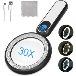 Rechargeable Magnifying Glass with Light, 30X 4.7IN Handheld Large Lightweight Lighted Magnify Len 21 LED 3 Modes Illuminated Book Magnifier forSenior,Reading,Inspection,Coin,JewelryChristmasGift (Black+white)