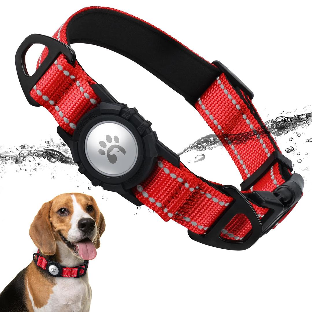 TagME Airtag Dog Collar,Waterproof Reflective Pet Collar with Airtag Holder,Soft Padded and Double D-Rings for Medium Dogs,Red