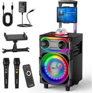 Karaoke Machine for Adults with 2 Wireless Microphones Portable Party Speaker BT PA System with Disco Ball LED Lights, Tablet Lyrics Display Holder, Remote Control, Rolling Wheels and Trolley