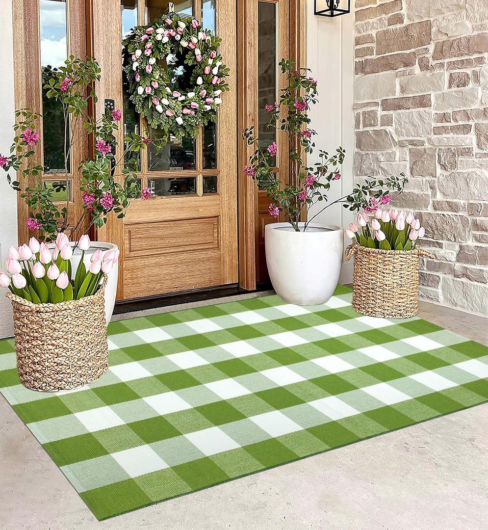 Front Porch Rug 3'x5'Checkered Green and White Outdoor Rug Farmhouse Layered Doormat Machine Washable Front Door Mat Outdoor for Hello Welcome Mat,Bedroom,Entryway,Patio